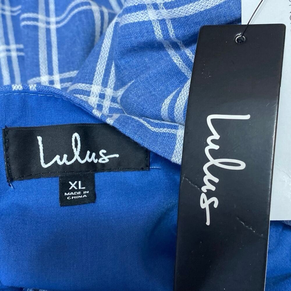 Lulus Blue White Plaid Short Puff Sleeve Pleated A Line Midi Dress Size XL - Picture 4 of 5